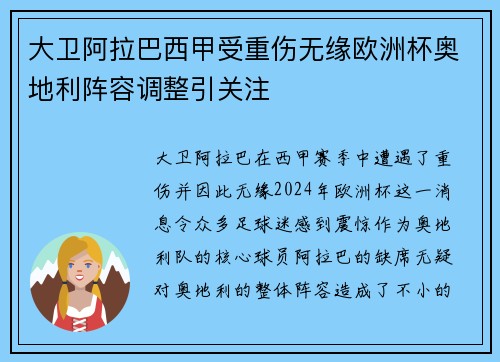 大卫阿拉巴西甲受重伤无缘欧洲杯奥地利阵容调整引关注 大卫阿拉巴西甲受重伤无缘欧洲杯奥地利阵容调整引关注